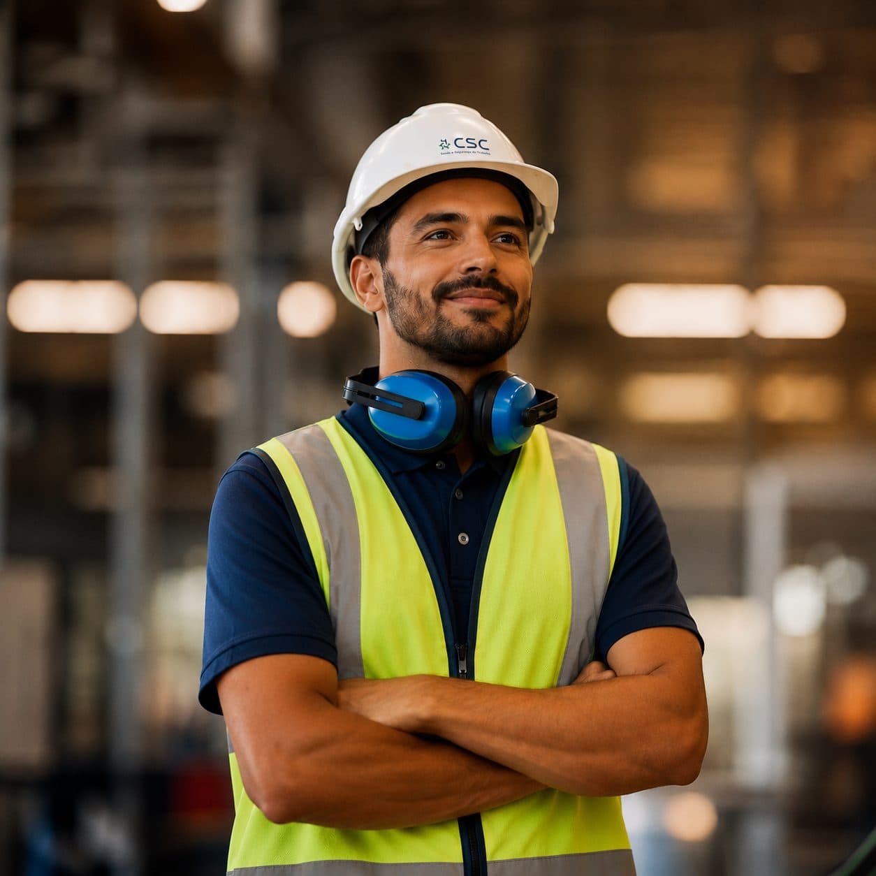Profissional com capacete, colete de segurança e protetor auricular em ambiente industrial